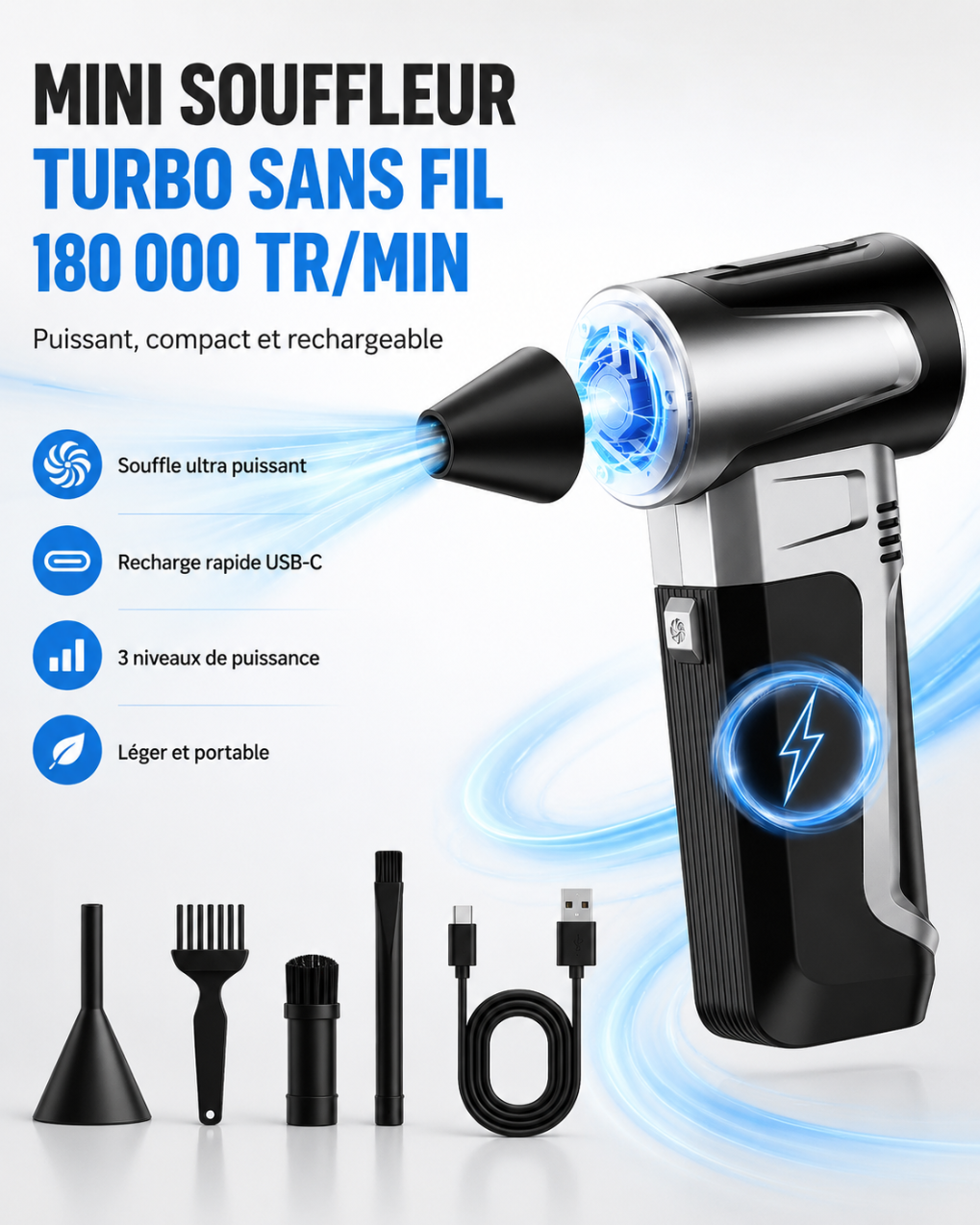 Mini Souffleur Turbo Sans Fil 180 000 RPM
